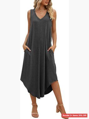Sleeveless Maxi Dress with Pockets, V-Neck, Loose Midi, Casual Summer